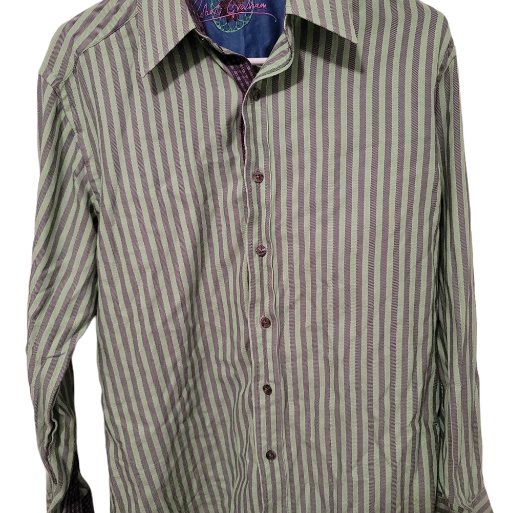 Robert Graham Green and Purple Vertical Stripe Button-Down Shirt